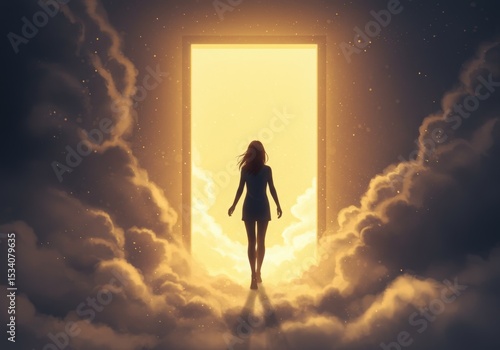 Young woman walking through door surrounded by clouds, concept of mental health  