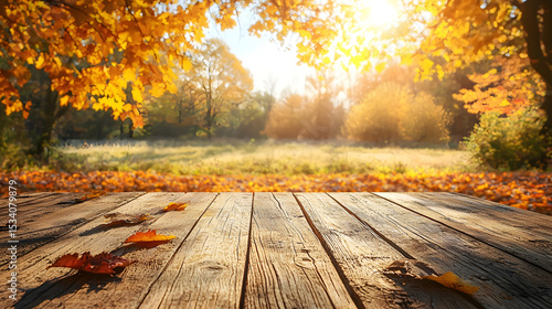Wood table in autumn landscape with empty copy space for product display