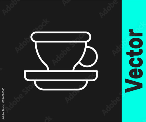 White line Coffee cup icon isolated on black background. Tea cup. Hot drink coffee. Vector