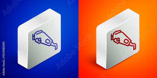 Isometric line Electrical hair clipper or shaver icon isolated on blue and orange background. Barbershop symbol. Silver square button. Vector