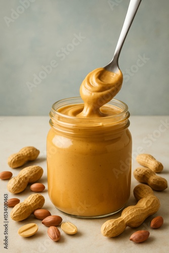 A jar of creamy peanut butter with a spoon being dipped into it, surrounded by peanuts