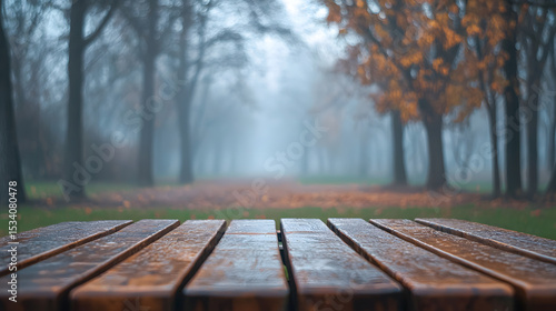 Wooden table on the background of the evening foggy park
