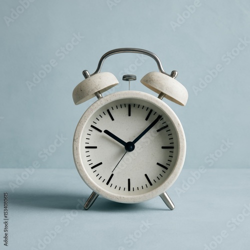 A classic alarm clock with a minimalistic design sits on a soft blue surface