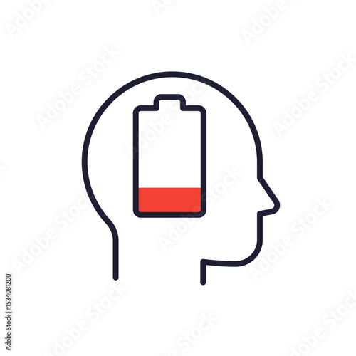 burnout, fatigue icon with low battery and a head