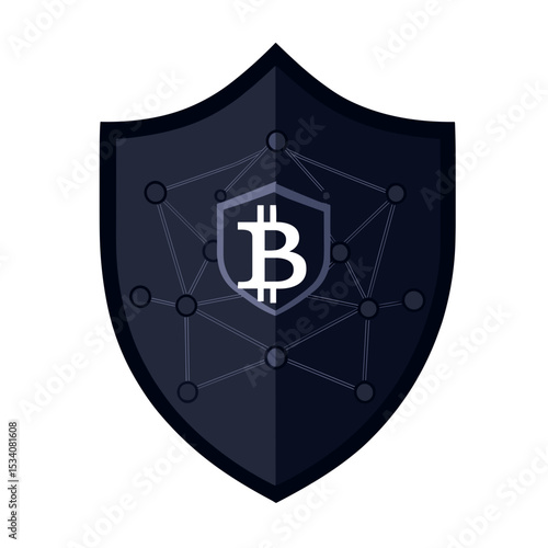 Dark Blue Shield Symbolizing Bitcoin Security and Blockchain Network with Node Connections on a White Background for Crypto Finance