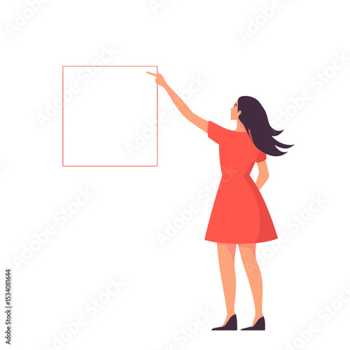 Dark Haired Woman in Salmon Dress Presenting on Whiteboard in Minimalist Illustration Style With Pointing Finger and Red Lines on Plain White Background