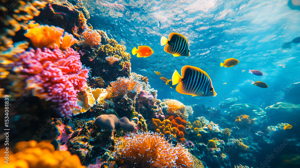 Naklejka premium Tropical sea underwater fishes on coral reef. Aquarium oceanarium wildlife colorful