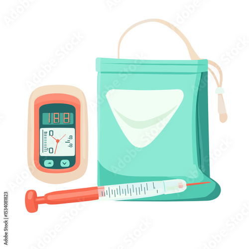 Diabetes Monitoring Kit Featuring Digital Glucose Meter Syringe and Teal Insulated Bag on White Backdrop