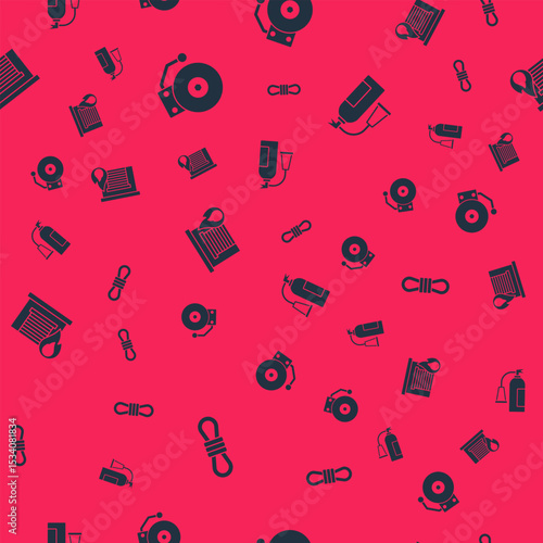 Set Climber rope, Ringing alarm bell, Fire burning garage and extinguisher on seamless pattern. Vector