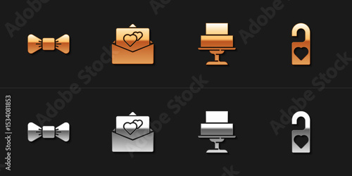 Set Bow tie, Greeting card, Wedding cake and Please do not disturb icon. Vector