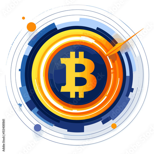 Digital Bitcoin Currency Symbol with Abstract Circular Design on White Background