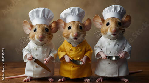 Three tiny golden mouse chefs,generative.ai