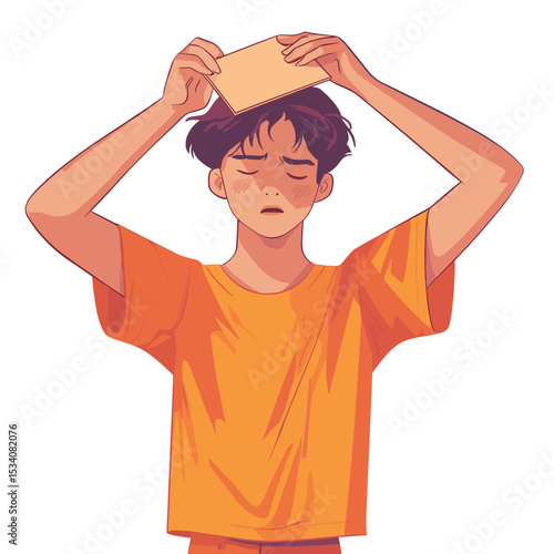 Distressed Man Holding Envelope Over Forehead with Closed Eyes In an Orange T Shirt Isolated on a White Background Indicating Anxiety and Emotional Burden