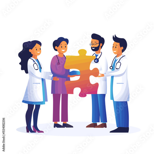 Diverse Team of Medical Professionals Collaborating on a Puzzle in a White Background Illustrating Teamwork