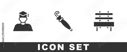 Set Graduate and graduation cap, Umbrella and Bench icon. Vector