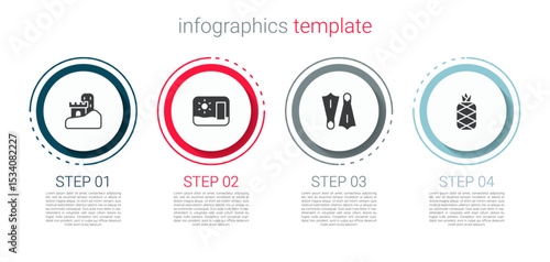 Set Sand castle, Travel postcard, Rubber flippers for swimming and Pineapple. Business infographic template. Vector