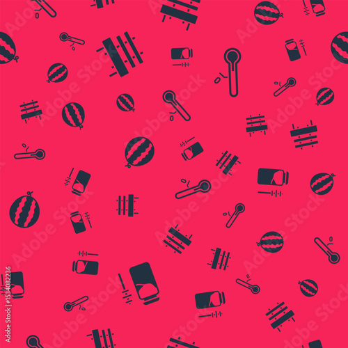Set Jar of honey and dipper stick, Bench, Watermelon and Meteorology thermometer on seamless pattern. Vector