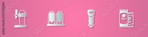 Set paper cut Dispenser beer, Beer brewing process, Bottle opener and can icon. Paper art style. Vector