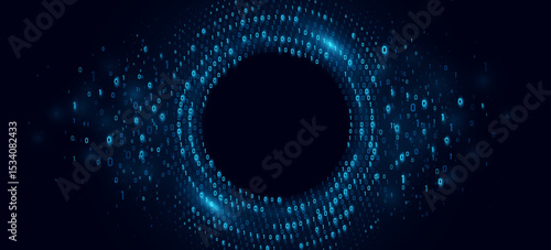 Futuristic circular flow of glowing binary code forming a digital vortex. Big data visualization in cyberspace. Technology network background. AI programming machine. Vector illustration.