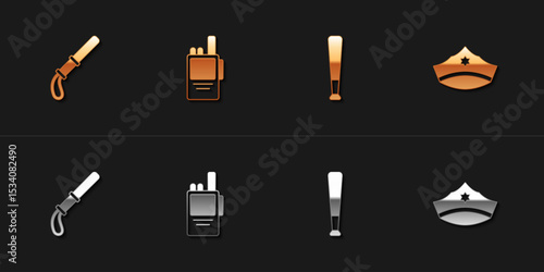 Set Police rubber baton, Walkie talkie, Baseball and cap with cockade icon. Vector
