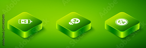 Set Isometric Radioactive, Molecule and Nuclear energy battery icon. Vector
