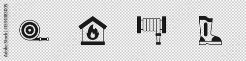 Set Fire hose reel, in burning house, and boots icon. Vector