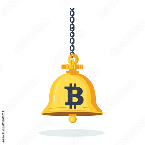 Golden Bitcoin Bell Hanging from Chain on White Background Digital Currency Concept