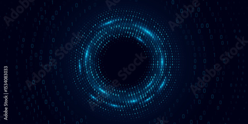 Circular abstract flow of glowing binary code forming a digital vortex. Big data visualization in cyberspace. Technology network background. AI programming machine. Vector illustration.