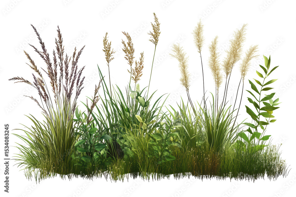 Fototapeta premium Wild garden plants showcasing a diverse range of textures and colors isolated on a transparent background for creative design purposes
