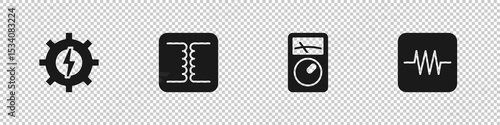 Set Gear and lightning, Electrical transformer, Ampere meter, multimeter and Resistor electronic circuit icon. Vector