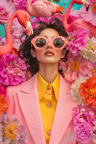 A fashionable model poses in stylish attire surrounded by vibrant pink flowers and flamingos, merging nature's beauty with elegant fashion in a glamourous display.