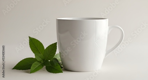 White Coffee Cup with Fresh Green Herb Leaves Close Up