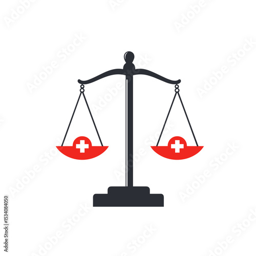 Balanced Scales with Red Cross Symbols Against White Background Indicating Health Law Concept