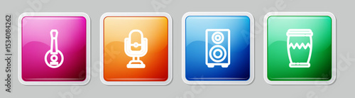 Set line Banjo, Microphone, Stereo speaker and Drum. Colorful square button. Vector