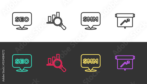 Set line SEO optimization, Magnifying glass and analysis, Social media marketing and Board with graph chart on black and white. Vector