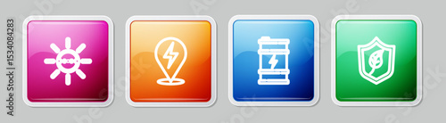 Set line Solar energy panel, Lightning bolt, Bio fuel barrel and Shield with leaf. Colorful square button. Vector