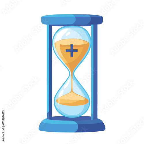 Blue Framed Hourglass Filled with Golden Sand Timing Device on White Background