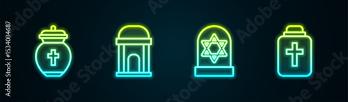 Set line Funeral urn, Old crypt, Grave with star of david and . Glowing neon icon. Vector
