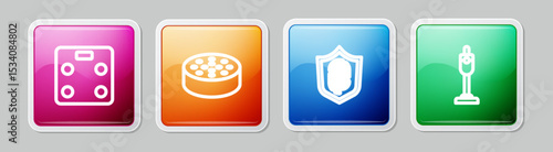 Set line Smart bathroom scales, Water sensor, Fingerprint and Vacuum cleaner. Colorful square button. Vector