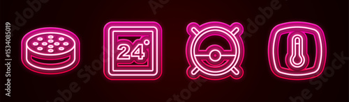 Set line Water sensor, Thermostat, Robot vacuum cleaner and . Glowing neon icon. Vector