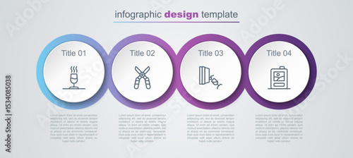 Set line Wine tasting, degustation, Gardening scissors, and Cardboard box of wine. Business infographic template. Vector