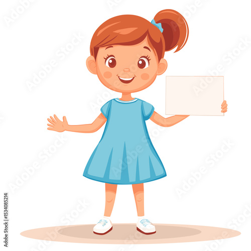 Cartoon Little Girl Holding a Blank Sign Wearing Light Blue Dress With Ginger Hair in Ponytail Isolated on White Background