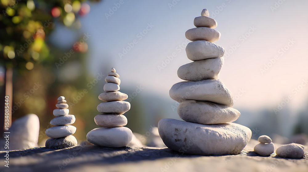 Fototapeta premium Tranquil scene of balanced stone stacks in a serene outdoor setting with greenery