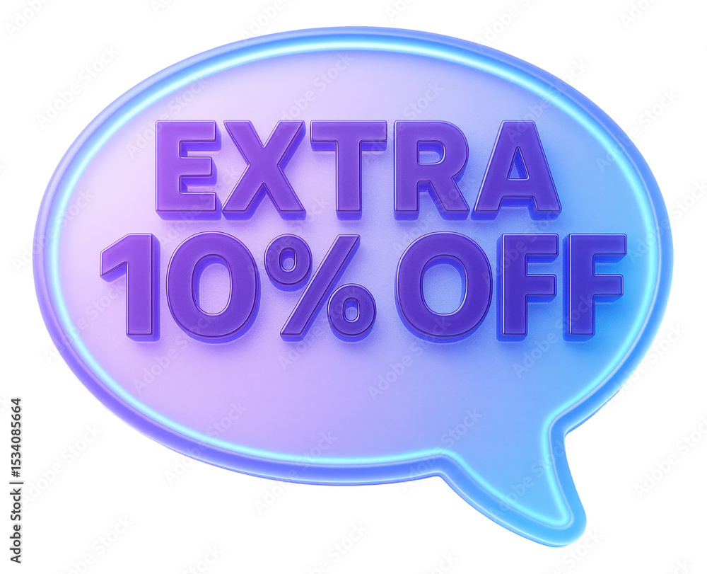 Purple speech bubble sticker with EXTRA 10% OFF text in glowing style, vibrant retail discount promo on transparent background. Purple speech bubble sticker with EXTRA 10% OFF text in glowing style, vibrant retail discount promo on transparent background.