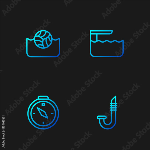 Set line Snorkel, Compass, Water polo and Diving board springboard. Gradient color icons. Vector