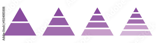 Pyramid infographic purple set. Triangle hierarchy data segments collection on white background. Pyramid for infographic of process. pyramid chart infographic flat vector diagram presentation.