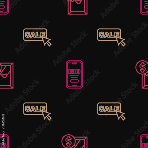 Set line Auction painting, Price tag with Sale and Online auction on seamless pattern. Vector