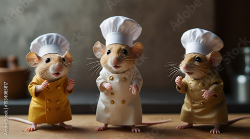 Three tiny golden mouse chefs,generative.ai