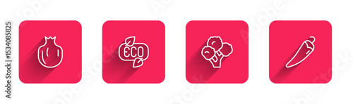Set line Pomegranate, Leaf Eco symbol, Broccoli and Hot chili pepper with long shadow. Red square button. Vector