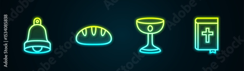 Set line Church bell, Christian bread, chalice and Holy bible book. Glowing neon icon. Vector